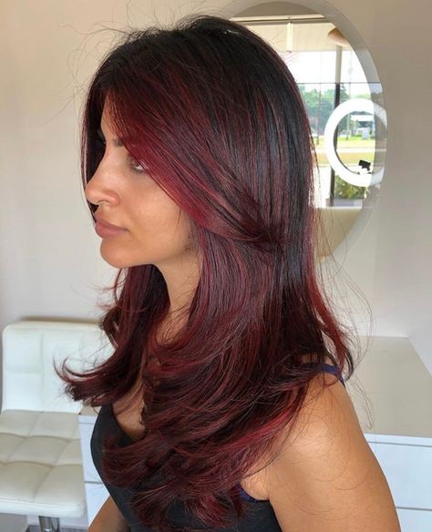 This beautiful red wine balayage is perfect for adding some spice and dimension to dark hair! By: @mirelahairm >>>>>>>>>>>>>>>>>>>>>>>> #salon #hair #beauty #haircut #makeup #spa #hairstylist #haircolor #hairstyle #hairstyles #nails #hairsalon #hairdresser #balayage #beautysalon #fashion #barbershop #love #skincare #salonlife #barber #style #hairgoals #stylist #haircare #behindthechair #nailart #facial #instahair Cherry Hair, Barber Shop, Beauty Salon, Hair Highlights, Dark Hair, Hair Goals, Red Wine, Hair Salon, Red Hair