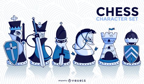 Collection of angry looking cartoon chess pieces characters featuring a king with sword and shield, queen and bishop with sword, knight, rook and pawn with shie Chess Character, Bishop Chess, Circular Logo Design, Bear Logo Design, Play Card, Chess King, Knight Art, Game Concept Art, Chess Game