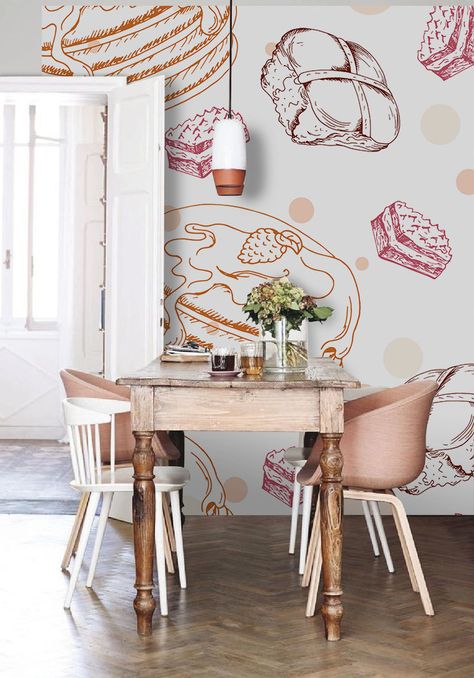 Kitchen Mural Ideas, Bakery Mural, Food Mural, Cafe Mural, Business Painting, Modern Bakery, Minimal Home Decor, Bakery Shop Design, Feature Wall Design