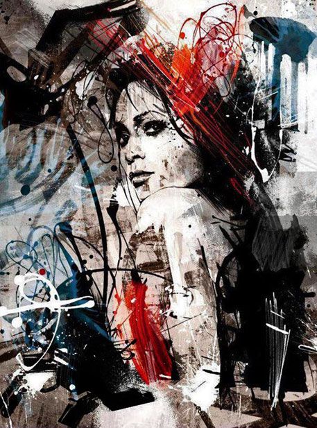 Byroglyphics--street-art Abstract Painting, A Woman, Mixed Media, Media, Red, Hair, Blue, Art