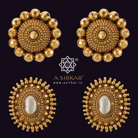 Here are a couple to start with, A & B, top and bottom : each pair has a larger matching pendant to go with it, if you so want. Wedding Dresses With Bling, Gold Ear Studs, Gold Necklace Indian, S Necklace, Gold Necklace Indian Bridal Jewelry, Wedding Jewellery Collection, Gold Ring Designs, Bangles Jewelry Designs, Gold Jewelry Earrings