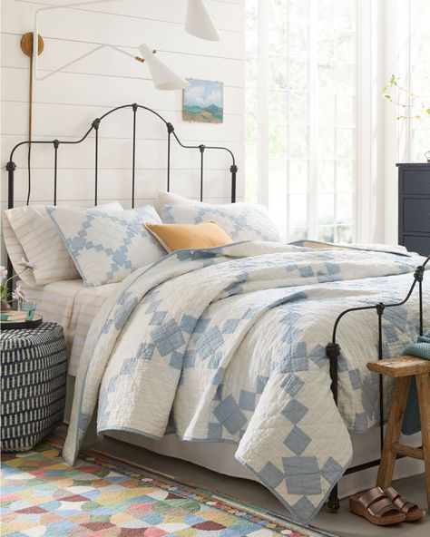 Our pieced Agnes Linen Quilt is a pièce de résistance in any bedroom, with vintage-inspired style in a modern mix of soft colors and textures. Airy, breathable linen on the front and comfy cotton against your skin, it's hand-quilted around each pieced block for added texture and dimension.  Exclusive. Hand-quilted. Year-round comfort and warmth. White on reverse. Solid-color binding with mitered corners. Also available in a Sham. Modern Farmhouse Quilt, Bedding Styling, Dorm Room Comforters, Lake House Bedroom, Blue Farmhouse, Quilts Modern, Victorian Bedroom, Cottage Quilt, Top Of Bed