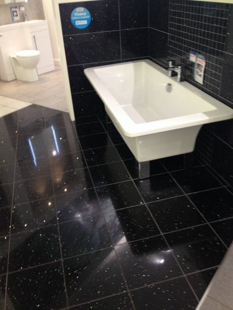 Black sparkly tiles Glitter Floor Tile, Black Pebble Bathroom Floor, Glitter Bathroom Tiles, Black Glitter Bathroom Ideas, Bathroom Tiles Black, Black Hexagonal Tiles Bathroom, Black Glossy Tiles Bathroom, Shiny Black Tile Bathroom, Sparkly Tiles