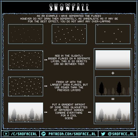 #pixelart #snow #animation #tutorial  Create cool snow effects for your outdoor scenes with this COOL tutorial Snow Drawing Tutorial, Snow Tutorial, Pixel Animation Tutorial, Snow Pixel Art, Aseprite Tutorial, Snow Animation, Pixel Art Tutorial Step By Step, Pixel Tutorial, 1 Bit Pixel Art