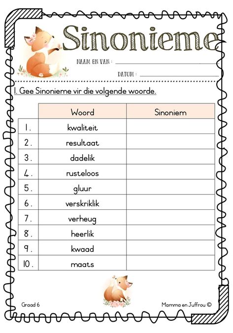 Graad 6 Afrikaans Werkkaart
SINONIEME Afrikaans Werkkaarte, Afrikaans Worksheets, Language Worksheets, Vowel Team, Teachers Aide, Au Pair, Grade 8, Grade 6, School Help