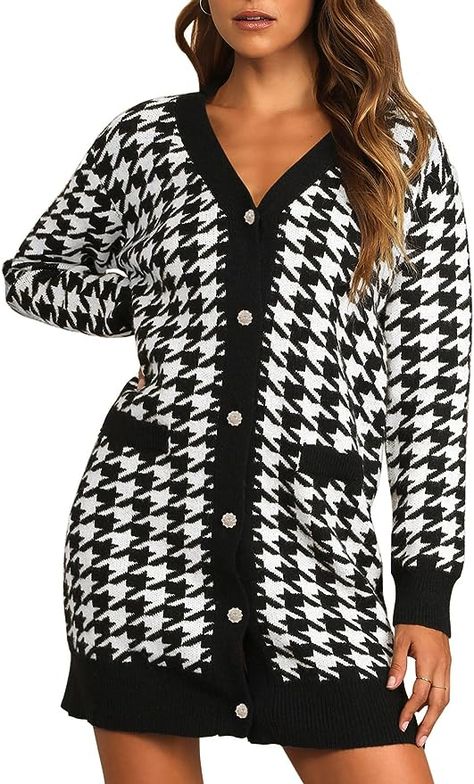 52% Viscose, 26% Polyester, 22% Polyamide Imported Button closure Hand Wash Only Stylish hybrid design: This sweater combines the elements of a cardigan and a dress, creating a unique and fashionable look. Houndstooth Cardigan, Houndstooth Sweater, Cardigan Dress, Maxi Cardigan, Long Sweater Dress, Smart Outfit, Cardigan Sweater Dress, Houndstooth Dress, Black Houndstooth