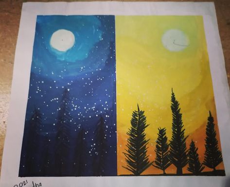 The easiest way to draw Day and Night with watercolor/acrylic paint Day Vs Night Painting, Day And Night Drawing Easy, Day And Night Painting Easy, Night Drawing Easy, Day And Night Drawing, Night And Day Art, Day And Night Painting, Drawing Easy For Kids, Road Drawing