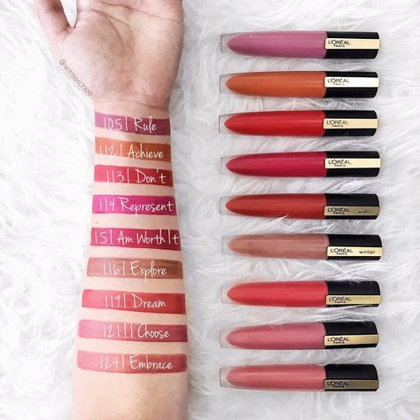 L’Oréal ROUGE SIGNATURE W I N T E R ⚡️ C H E E on Instagram: “Swatches of my current holy grail of all lippies, #LorealParisSG #RougeSignature. Psst, aren’t the names empowering? Coincidentally, my…” Lipstick Shades Name Ideas, Loreal Lipstick, Lipstick Colour, Maybelline Lipstick, Beauty Wishlist, Lipstick Designs, Makeup Advice, Lipgloss Lips, Budget Beauty