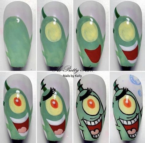 How To Draw Nail Art Step By Step, Nail Art Character Step By Step Designs, Step By Step Character Nail Art, Disney Nails Step By Step, Easy Character Nail Art, Nail Art Steps, Nail Character Designs, Cartoon Nail Art Step By Step, Characters On Nails