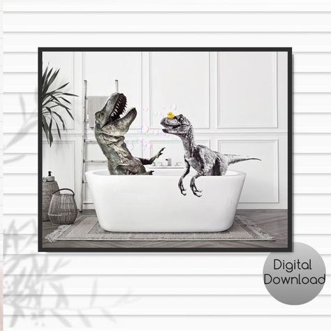 Quirky Bathroom, Kids Bathroom Art, Dinosaur Wall Decor, Room Focal Point, Dog Pop Art, Bathroom Artwork, Quirky Home, Dinosaur Wall Art, Bathroom Themes