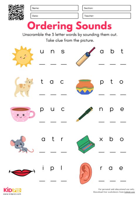 Welcome to the jumbled letters phonemes worksheet for kindergarten kids. Students have to unscramble the three-letter words by sounding them out and writing the correct… The post Jumbled Letters Phonemes Worksheets for Kindergarten appeared first on Kidpid. Phonics Grade 1 Worksheet, Sounding Out Letters Activities, Kg 3 English Worksheets, Ukg Eng Worksheets, A Sound Three Letter Words Worksheet, Grade1 Worksheets English, Writing For Kindergarten Worksheets, Writing Letters Worksheet, First Sound Worksheets