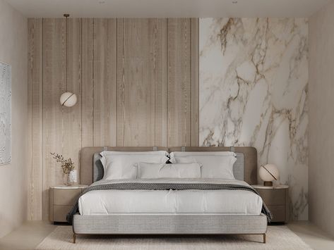 Marble Wall Bedroom, White Marble Bedroom, Marble Accent Wall, Bedroom Marble, Marble Bedroom, Bedroom Tile, Marble Walls, Bed Back Design, Marble Interior