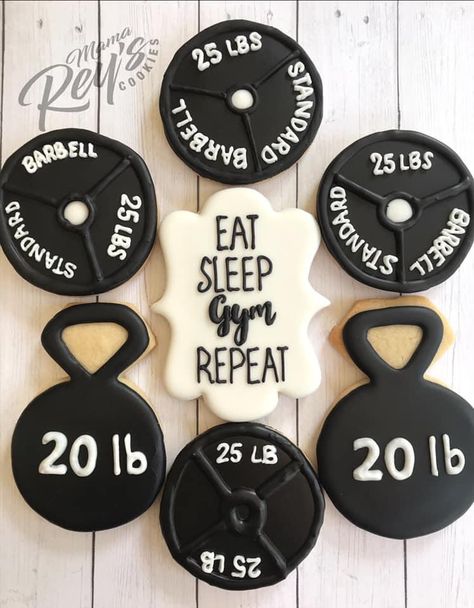 Gym Themed Wedding, Gym Birthday Decorations, Workout Birthday Party Theme, Workout Theme Party, Math Cookies Decorated, Crossfit Party Ideas, Fitness Cookies Decorated, Crossfit Birthday Party Ideas, Workout Cookies Decorated