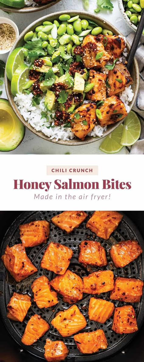 Honey Salmon Bites, Salmon Bites Recipe, Chili Crunch, Air Fryer Salmon, Salmon Bites, Edamame Salad, Fit Foodie Finds, Raw Salmon, Honey Salmon