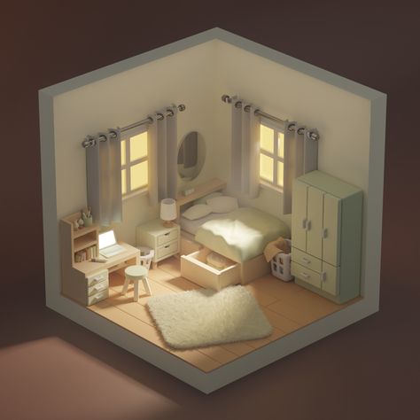 Mini Bedroom Design, 3d Room Design Interiors, Isometric Room Design, 3d Bedroom Design Layout, Isometric Art Room, Isometric Room Drawing, 3d Bedroom Design Interiors, Mini Room Ideas, Bedroom 3d Design