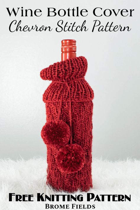 Knit this festive chevron wine bottle cozy pattern to dress up your boozy gift. This beautiful bottle cozy is beginner-ish friendly. Knitted Wine Bottle Covers, Bottle Bag Pattern, Cup Cozy Knitting Pattern, Christmas Knitting Projects, Bottle Cozy, Bottle Cozies, Cozy Pattern, Chevron Stitch, Wine Bottle Covers