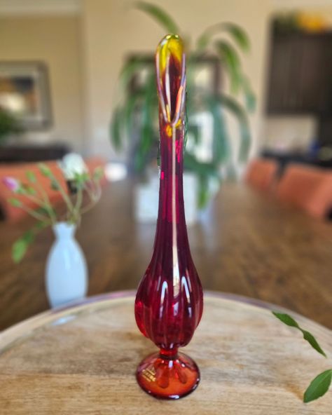 SOLD Beautiful viking, Ruby Red amberina swung vase. 12". Amazing 6 petals. $55 plus shipping. Follow link to my Etsy Boutique. https://lansdaletreasures.etsy.com/listing/1740374255 #viking #vikingglass #swungvase # rubyred #amberina #lansdaletreasures #Mid-century #Mid-century glass #Mid-century art glass #Mid-century viking Etsy Boutique, Viking Glass, Ruby Red, Amber, Vikings, Glass Art, Vase, Red, Glass