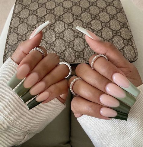 Khaki Green Nails Acrylic, Khaki Tips Nails, Khaki French Tip Nails, Khaki Nails Acrylic, Colored French Tip Nails Coffin, Khaki Nail Designs, Square Nail Designs Trending Now, Acrylic Nails Coffin Ideas, Khaki Nails