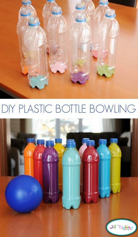 Plastic Bottle Bowling Tutorial Diy Bowling, Diwali Activities, Fun Bowling, Water Bottle Crafts, Bbq Games, Kid Games, Bowling Games, Diy Plastic Bottle, Plastic Bottle Crafts