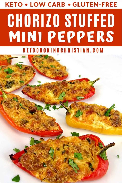 Chorizo Stuffed Mini Peppers Mini peppers are stuffed with savory chorizo sausage and ooey, gooey cheese and baked to perfection for a mouth-watering low carb appetizer. #ketostuffedpeppers #lowcarbstuffedpeppers #stuffedpeppers Low Carb Appetizer, Low Carb Stuffed Peppers, Sweet Pepper Recipes, Gluten Free Party Food, Keto Pork, Keto Stuffed Peppers, Mini Peppers, Keto Appetizers, Mini Sweet Peppers