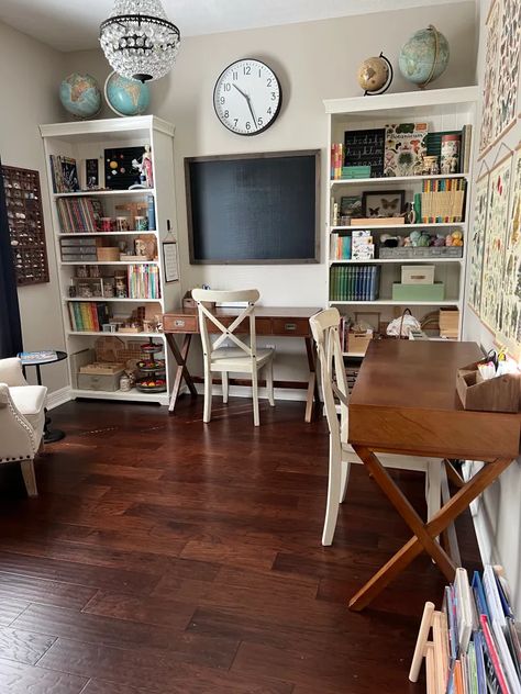 Homeschool Room Design, Large Chalkboard, White Bookshelves, Homeschool Room, Montessori Classroom, Simple Desk, Small Dining Table, Butcher Block Countertops, Old Kitchen