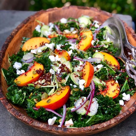 Salad With Peaches, Shaved Brussel Sprout Salad, Shaved Brussel Sprouts, Main Salad, Sprout Salad, Red Quinoa, Peach Salad, Sprouts Salad, Brussel Sprout Salad