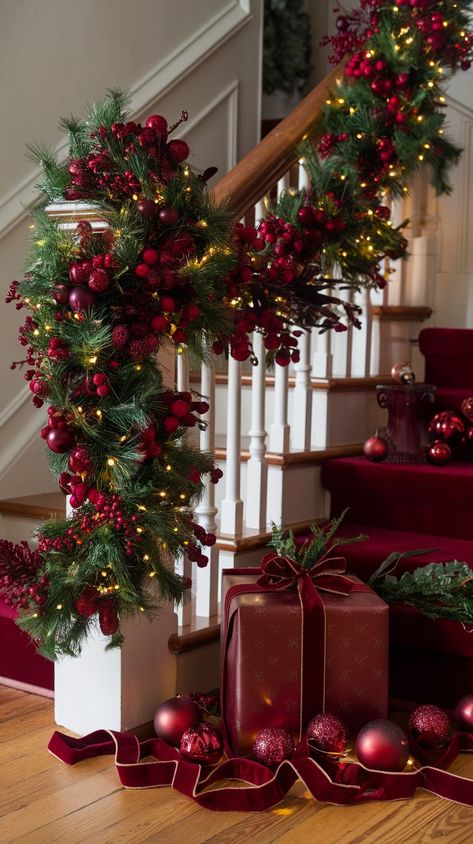 Discover elegant burgundy Christmas decor ideas that bring warmth and sophistication to your home this holiday season. Traditional Christmas Garland Ideas, Silver Gold And Red Christmas Decor, Holiday Bow Decor, Dream Christmas Decor, Christmas Decorations Luxury, Elegant Christmas Porch Decor, Christmas Trees With Red Decorations, Christmas Color Decor Ideas, Green And Red Christmas Tree Ideas