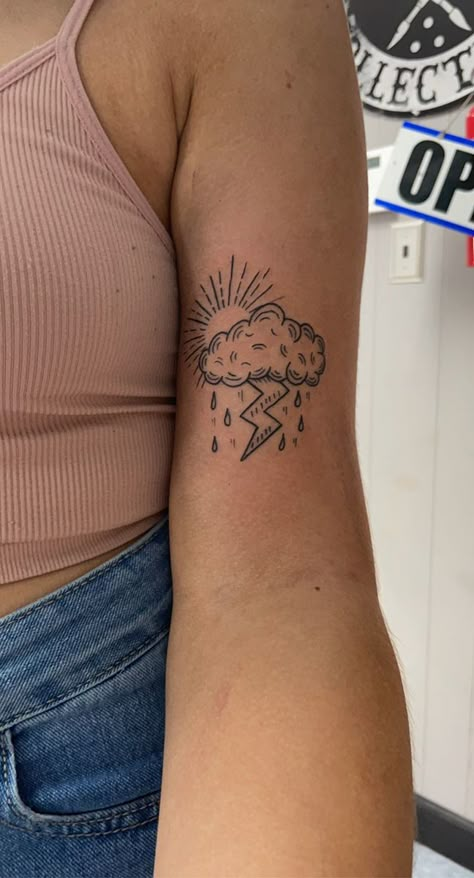 Tiny Knee Tattoo For Women, Rob Cage Tattoos Women, Simple Calf Tattoos For Women, Groovy Chick Tattoo, Sporadic Tattoos, Sun And Rain Tattoo, Carefree Tattoo, Hippy Tattoos For Women, Sun Cloud Tattoo