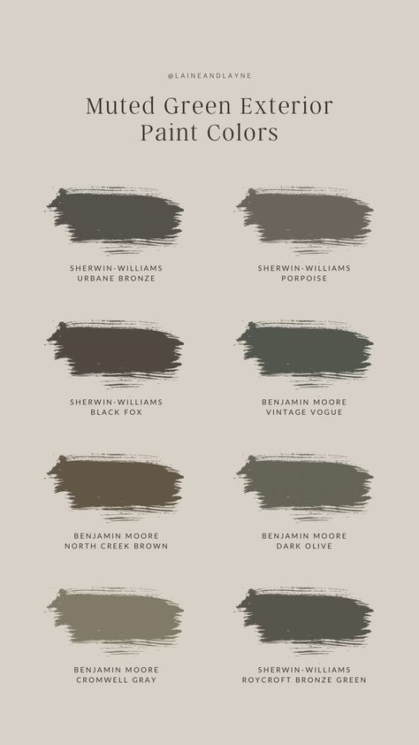 Muted Green Paint Colors We Are Loving & A First Look at Our Exterior Plan | Laine and Layne Earthy Tone House Exterior, Sage Green Craftsman Exterior, Taupe And Green House Exterior, Exterior Paint Colors With Stone Accent, Perfect Olive Green Paint, Green Tudor House, Dark Exterior Paint Colors For House With White Trim, Cozy Green Paint Colors, Silver Tin Roof House Exterior Colors