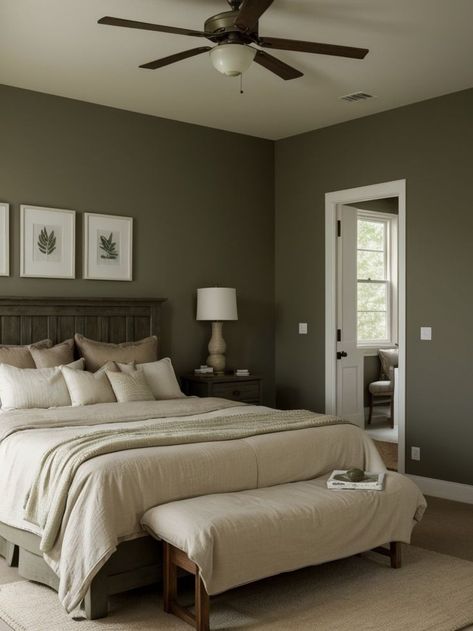 Dark Olive Green Bedroom, Green Painted Walls Bedroom, Olive Green Rooms, Olive Green Bedroom, Olive Bedroom, Olive Green Bedrooms, Green Bedroom Walls, Green Bedroom Design, Dark Bedroom Furniture