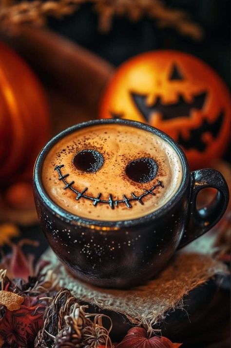 Pumpkin Dark Aesthetic, Halloween Latte Art, Pumpkin Spice Latte Aesthetic, Good Morning Halloween, Coffee Skull, Halloween Morning, Halloween Brew, Thanksgiving Coffee, Spooky Coffee