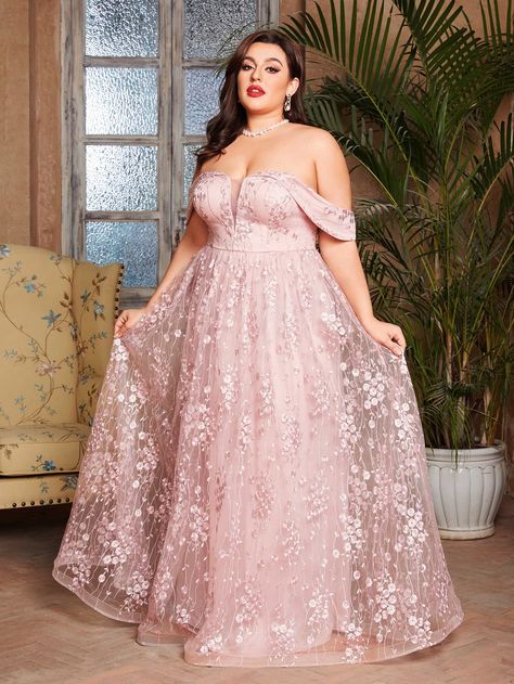 Plus Size  Embroidered Mesh Spliced Solid Color Skater Party Dress With Off Shoulder NecklineI discovered amazing products on SHEIN.com, come check them out! Plus Size Wedding Dresses Color, Plus Size Pink Dresses, Plus Size Pink Wedding Dress, Plus Size Gowns Formal, Prom Dresses Corset, Plus Size Gown, Fairytale Birthday, Fantasy Ball, Pink Wardrobe