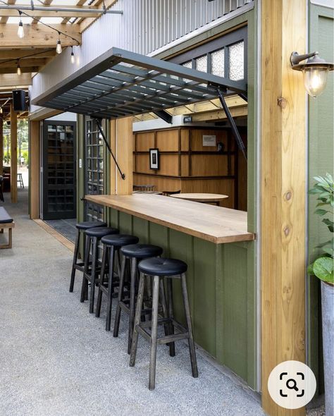 Behind Bar Shelving, Bar With Garage Door, Backyard Restaurant Ideas, Best Restaurant Design, Pool Bar Design, Backyard Grilling Area, Backyard Restaurant, Barn Cafe, Barn Bar