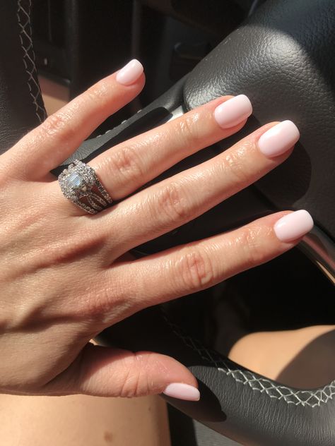 Pale Pink Biab Nails, Sns Pink Nails Colors, Pale Pink Squoval Nails, Engagement Nails Sns, Bridal Sns Nails, Pale Pink Bridal Nails, Sns Nails With Tips, Pale Pink Natural Nails, Pastel Pink Dip Nails