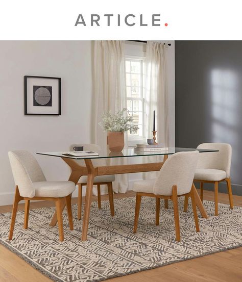 Made of solid wood and a tempered glass top, the Emmer Dining Table combines major design impact with a light and airy feel. Glass Table Dining Room, Glass Table Dining, Glass Dining Table Decor, Natural Oak Dining Table, Dining Table Glass Top, Wooden Dinner Table, Modern Minimalist Dining Room, Craftsman Dining Room, Dining Table For 6