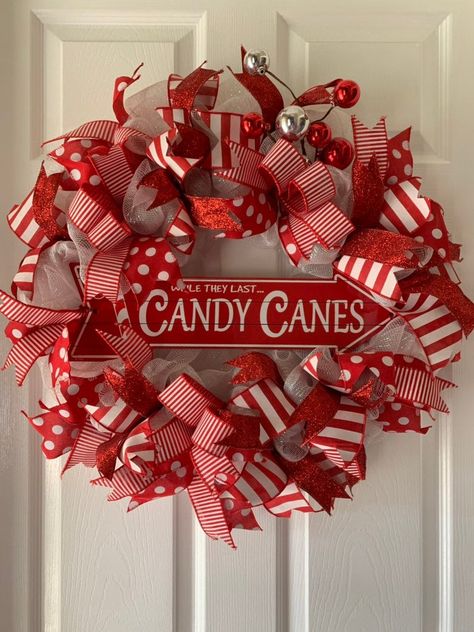 Christmas Wreath Red and White Wreath Candy Cane Wreath | Etsy Traditional Christmas Wreaths, Candy Cane Wreath Form Ideas, Candycane Wreath, Candy Cane Wreaths, Tulle Wreath Tutorial, White Mesh Wreath, Red And White Wreath, Christmas Ribbon Wreath, Christmas Wreath Designs