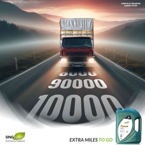 Extra Miles to Go! 🚚 With SingLubes, your journey never stops! Our advanced SING TORQUE 15W-40 engine oil is engineered to keep your engine running smoother, longer, and stronger, no matter how far the road takes you. 💪 Durability and performance are at the heart of what we do like the truck that powers through mile after mile, our lubricants are designed to maximize your engine’s life and efficiency. Choose SingLubes for a drive that’s built to last. Keep going the extra mile with us! #Si... Engine Oil Poster, Engine Oil Creative Ads, Logistics Design, Miles To Go, Truck Engine, Extra Mile, Car Ads, Creative Ads, Ads Creative