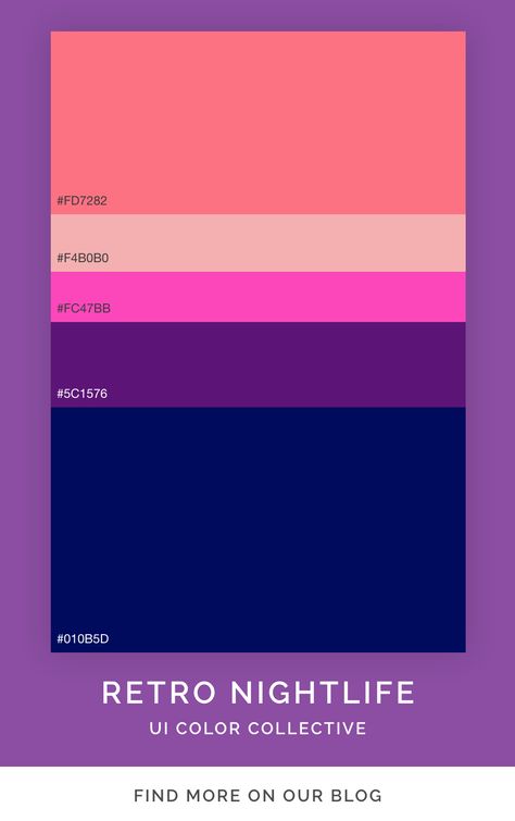 Flat ui color palette called Retro Nightlife. This bright and soft color scheme is perfect for graphic product design. The peach colors blend well with the purple colors. Retro Purple Color Palette, Retro Pop Color Palette, City Pop Color Palette, Ui Color Palette, Pop Color Palette, Retro Color Scheme, Aesthetic Branding, Flat Color Palette, Ui Color