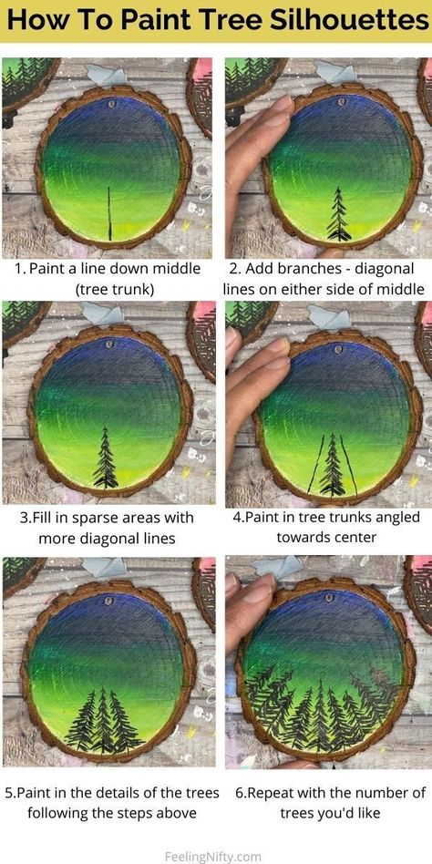 How To Paint Tree Silhouette, Round Wood Painting, Painting On Tree Slices, Painting Ideas On Wood Easy, Paint On Wood Slices, Night Sky Painting Tutorial, Sky Painting Tutorial, Holly Hanley, Tree Slice Art