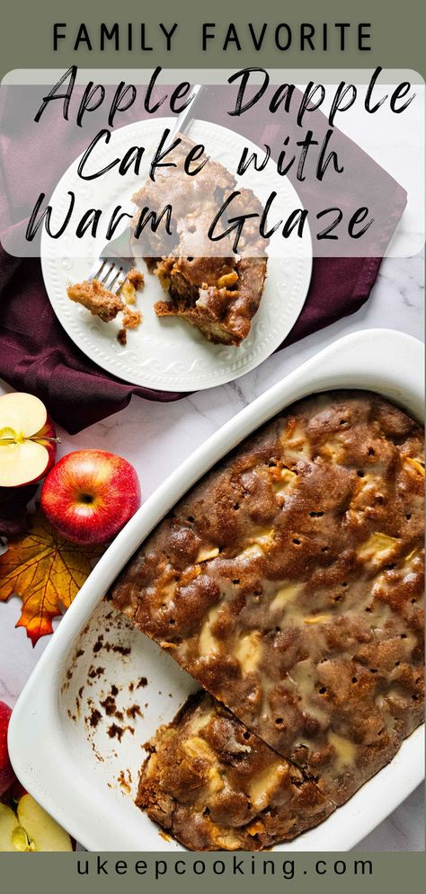 Indulge in the flavors of fall with our Apple Dapple Cake with Warm Glaze! This seriously moist cake is bursting with tender apples and warm spices, making it the perfect dessert for Thanksgiving or any autumn gathering. Topped with a luscious warm glaze, each slice is a deliciously sweet treat that will have everyone coming back for seconds. Serve it warm with a scoop of vanilla ice cream for an extra special touch. Bake it today and enjoy the cozy tastes of the season! Easy Apple Spice Cake, Apple Dapple Cake Recipes, Apple Dapple Cake, Apple Butter Cake, Apple Dapple, Dessert For Thanksgiving, Autumn Gathering, Apple Spice Cake, Glaze For Cake