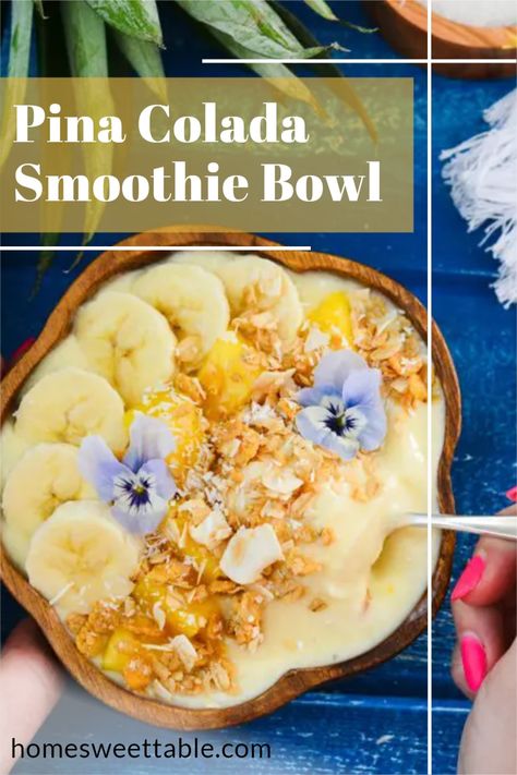 Pina Colada Smoothie Bowl is made with just 4 ingredients plus your favorite toppings. This bowl comes together in minutes for a tasty tropical treat! Pina Colada Smoothie Bowl, Gluten Free Smoothie Recipes, Yogurt Smoothie Bowl, Smoothie Bowl Toppings, Toast Recipe Breakfast, Gluten Free Smoothie, Smoothie Flavors, Pina Colada Smoothie, Breakfast Oatmeal Recipes