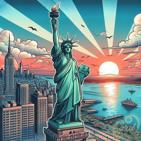 https://card9.com/ai/comic-statue-of-liberty Statue Of Liberty Illustration, Statue Of Liberty Art, Statue Of Liberty Drawing, Liberty Wallpaper, Isometric Drawing, Scratch Art, Point Perspective, Pumpkin Ideas, Lady Liberty