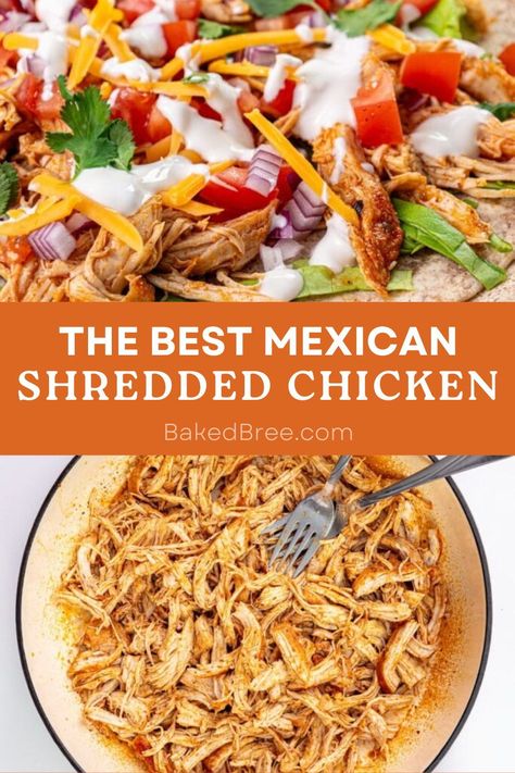 Spicy and savory Mexican Pulled Chicken is perfect for tacos, burritos, enchiladas…but pretty delicious in a bowl all by itself! Pulled Chicken Taco Bowl, Shredded Chicken Tacos Healthy, Shredded Chicken For Burritos, Pulled Mexican Chicken Crockpot, Southwest Pulled Chicken, Wet Burrito Recipe Chicken, Mexican Chicken Burrito Bowl, Chicken Tacos Mexican, Mexican Tacos Chicken