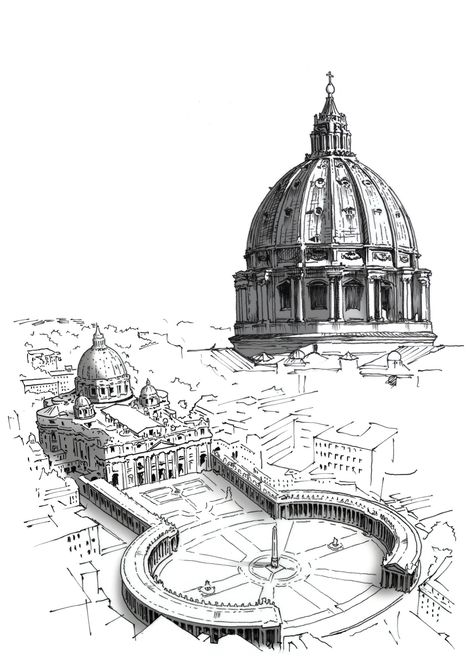 St. Peter Vatican architectural illustration St Peter's Basilica Sketch, Basilica Architecture, Architecture Journal, Architectural Illustration, Architecture Drawing Sketchbooks, Architecture Drawing Plan, St Peters Basilica, Architecture Sketchbook, Architecture Design Sketch