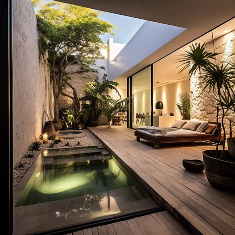 Luxury Retreats Villas, Retreat House Architecture, Central Courtyard Design, Modern Bali House, Lanai Design, Dubai Villa, Japanese Modern House, Indoor Courtyard, Luxury Villa Design