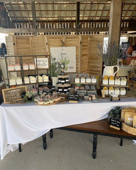 Soap Business Display, Body Care Vendor Booth, 10x10 Candle Booth Display Ideas, Soap Table Display Booth Ideas, Wax Melts Craft Booth, Market Booth Table Display, Farmers Market Soap Display Booth Ideas, Sale Table Display Vendor Events, Candle Craft Fair Booth