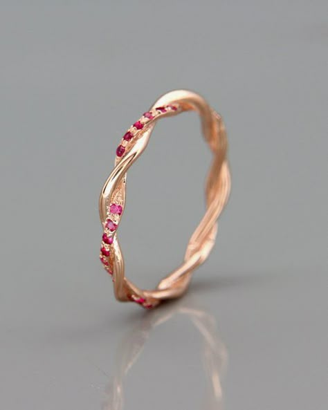 14K Rose Gold Braided Woman Wedding Ring Set with Ruby | Hers Rose Gold Braided Wedding Band Set wit Woman Wedding Ring, Eternity Engagement Band, Braided Wedding Band, Ruby Wedding Band, Ruby Wedding Rings, Ruby Bands, Ruby Wedding, Pink Ruby, 14k Rose Gold Ring