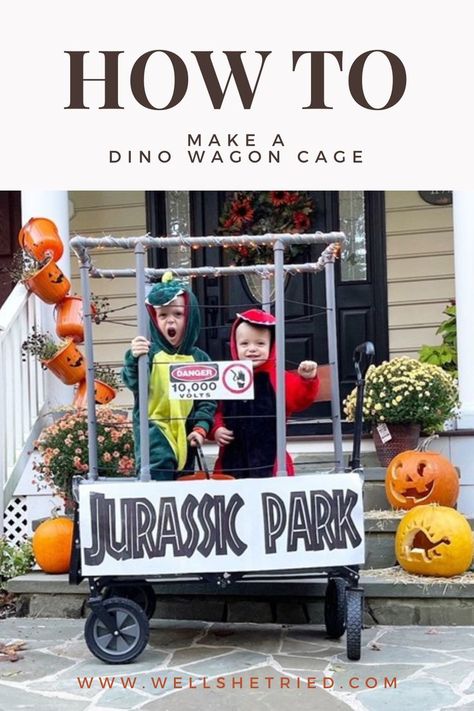 Jurrasic Park Wagon Costume, Dinosaur Wagon Costume, Diy Adult Dinosaur Costume, Wagon Halloween Costumes, Wagon Costume, Diy Dinosaur Costume, Make A Dinosaur, Diy Dinosaur, Dinosaur Halloween Costume