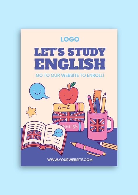 Doodle Child-like English School Flyer English Posters Design, English Book Cover Design For School, Educational Advertisement, Study Poster Design, English Book Cover, Class Poster Design, Teacher Logo, Tutoring Flyer, Designing Art