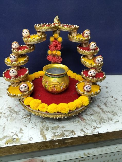 Arti Thali Decoration, Kalash Decoration, Aarti Thali, Diya Decoration Ideas, Poster Rangoli, Wedding Platters, Thali Decoration, Thali Decoration Ideas, Diy Floral Decor